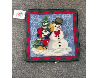 Mickey & Co Mouse Wool Needlepoint Pillow Cover Christmas Snowman 14" NEW!