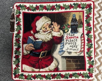 Vintage Coca-Cola Santa Christmas Needlepoint Wool Throw Pillow 14x14 NWT NOS