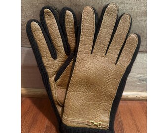 Vintage Tan Faux Leather Gloves S/M Brown Knit 1950s 1960s Chic Taiwan NOS New
