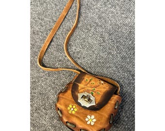 Mexican Leather Crossbody Bag Mini Brown Floral Daisy Tooled Boho Painted Native