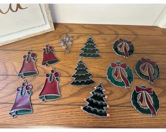 Vintage Christmas Stained Glass Sun Catcher Ornaments Wreath Bell Tree Set of 11