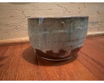 Thomas Signed Studio Pottery Bowl Blue Green Stoneware Handmade Hand Thrown Drip