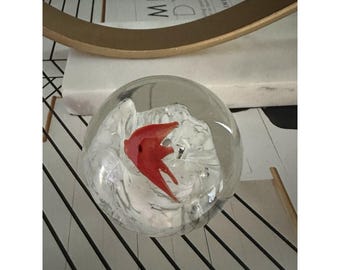 Vintage Art Glass Paperweight Clear Orange Tropical Fish White Swirl Round Orb