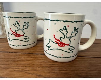 Vintage KIC Korea Ceramic Set of 2 Mugs Cups Christmas Reindeer Holiday Cottage