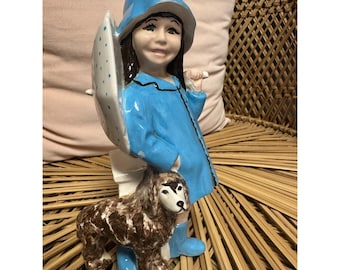 Vintage Ceramic Raincoat Girl Polka Dot Umbrella Dog Figurine Kitsch MCM Decor