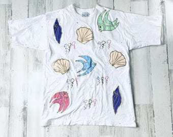 Vintage 80s Seashell Tee Fish Puffy Paint Embellished Tunic Shirt Large Beach