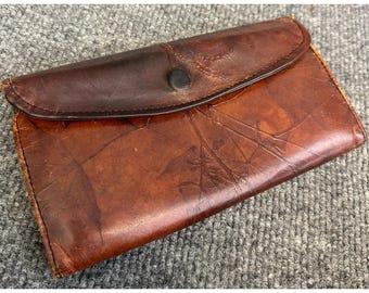 Vintage Tooled Leather Wallet 1970s Brown Botanical Floral Embossed Snap Clutch