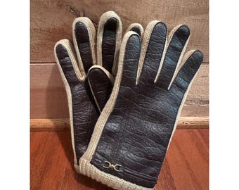 Vintage Brown Faux Leather Gloves S/M Tan Knit 1950s 1960s Chic Taiwan NOS New
