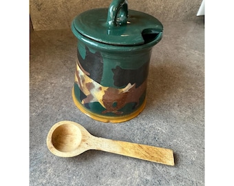 Westcote Studio Art Pottery Cat Jam Jar Sugar Bowl Honey Pot with Lid & Spoon **