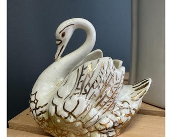 Vintage Holland Swan Ceramic Planter w Gold Accents Marked USA Crackle MCM