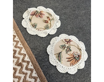 Vintage Tapestry Floral Doily Set of 2 Crochet Lace Trim Coasters Cottagecore 8"