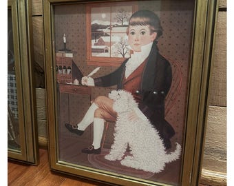 Vtg Charles Wysocki American Folk Art Framed Young Gentleman Dog Writing Desk