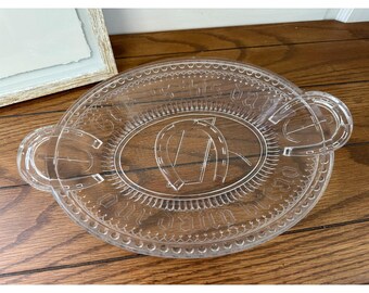 Vtg Glass Bread Plate EAPG Handled Horseshoe Give Us This Day Our Daily Bread
