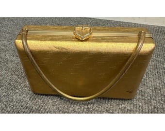 Vintage 1950s/60s Volupté Box Purse Gold Hard Shell Evening Bag Snake Chain Glam