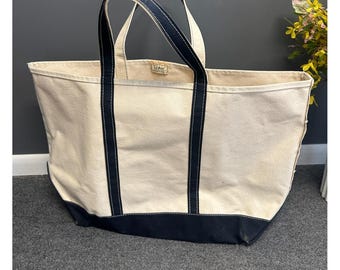 Vintage L.L. Bean Boat and Tote Canvas Bag Jumbo 80s Navy Cream Freeport Maine
