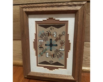Vtg Authentic Navajo Sand Painting Framed Native American Southwestern 8x10 Art