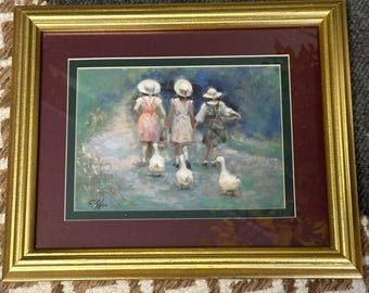 Vintage Home & Garden Party Framed Cottage Print Girls Geese Impressionist 11x9