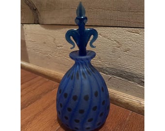 VTG Royal Limited Crystal Blue Art Glass Perfume Bottle with Black Spots #26660