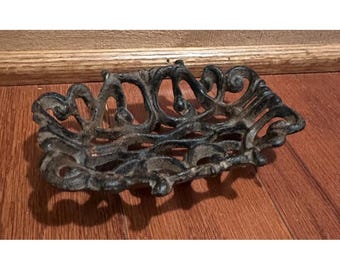 Vintage Cast Iron Soap Dish Tray Filigree Rustic Scrolls Heavy Antique Decor