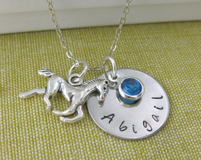 Personalised Name Necklace with Horse & Birthstone Charm Silver Plated Chain UK Seller