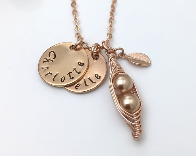 Rose Gold Peas in a Pod Necklace Personalised Names Necklace Family Friends Mother's Day Gift Rose Gold Necklace Gift UK Seller