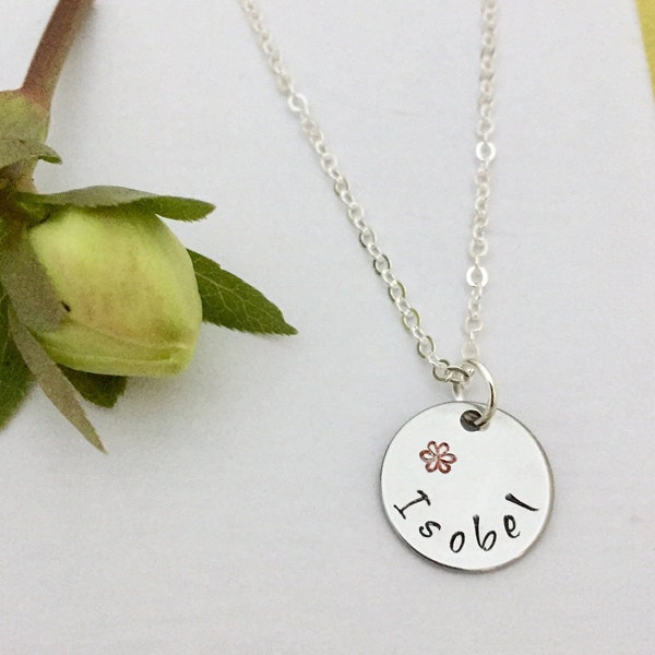 Children's Name Necklace Hand Stamped Flower Personalised Birthday Party Gift Children's Jewellery UK Seller