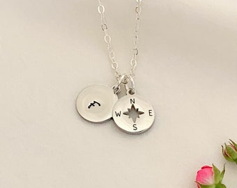Initial and Compass Charm Necklace Silver Personalised  Charm Necklace Silver Necklace Gift UK Seller