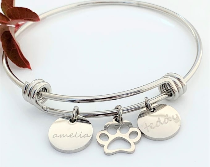 Name Bangle Favourite Pet Name Bangle Bracelet Personalised Name, Paw Charm Gift Any Number Bangle UK Seller