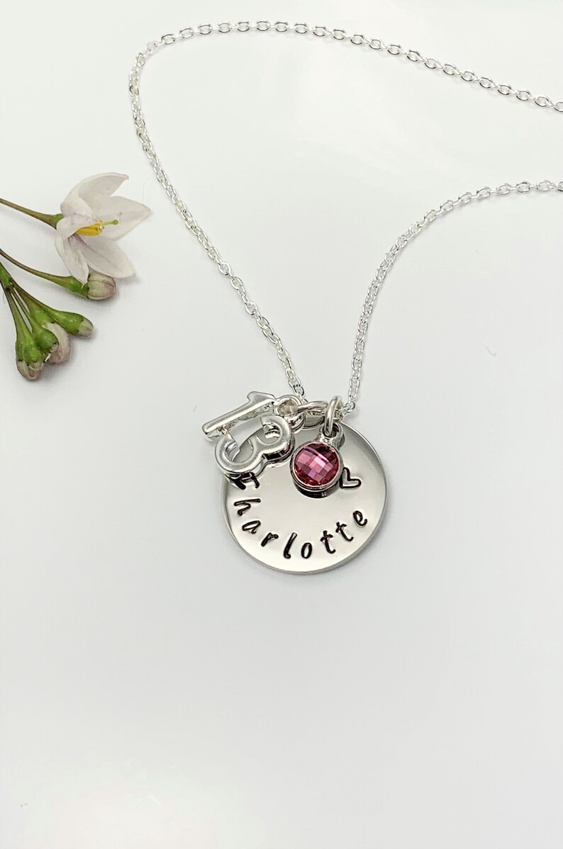 13th Birthday Name Necklace, Birthstone Charm Necklace, Hand Stamped Name Disc. Teenager Milestone Gift Personalised Jewellery UK Seller Bild 2