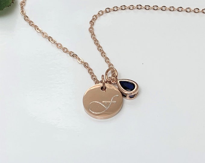 Initial Necklace, Teardrop Cubic Birthstone Necklace, Personalised Rose Gold Necklace Personalised Valentine's Day Gift UK Seller