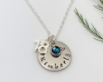 18th Birthday Name and Birthstone Necklace, Hand Stamped Name Disc