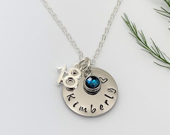 18th Birthday Name and Birthstone Necklace, Hand Stamped Name disc, Birthstone Charm, Personalised Jewellery, Unique to Her Gift UK Seller