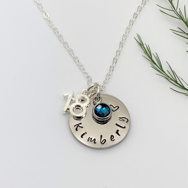 18th Birthday Name and Birthstone Necklace, Hand Stamped Name disc, Birthstone Charm, Personalised Jewellery, Unique to Her Gift UK Seller