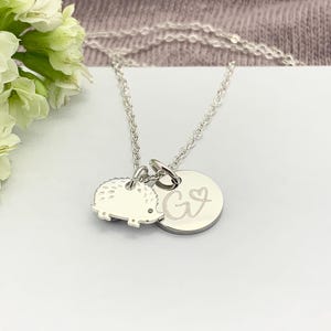 Initial and Tiny Hedgehog Charm Necklace. Personalised Silver Necklace Gift for any Animal Lover
