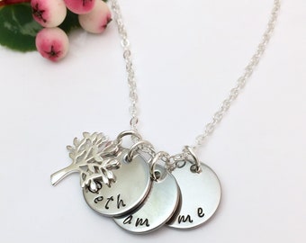 Family Tree Name Necklace Personalised 2, 3 or 4 Names Hand Stamped Tree of Life Necklace Family Tree Charm Mother's Day Gift UK Seller