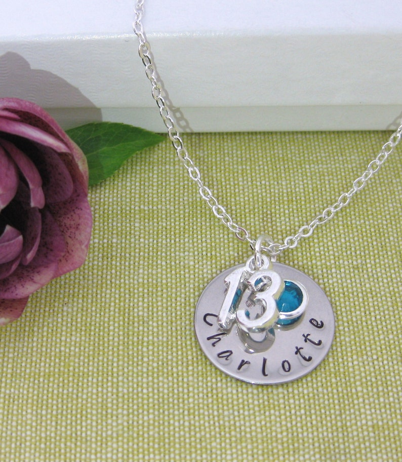 13th Birthday Name Necklace, Birthstone Charm Necklace, Hand Stamped Name Disc. Teenager Milestone Gift Personalised Jewellery UK Seller afbeelding 9