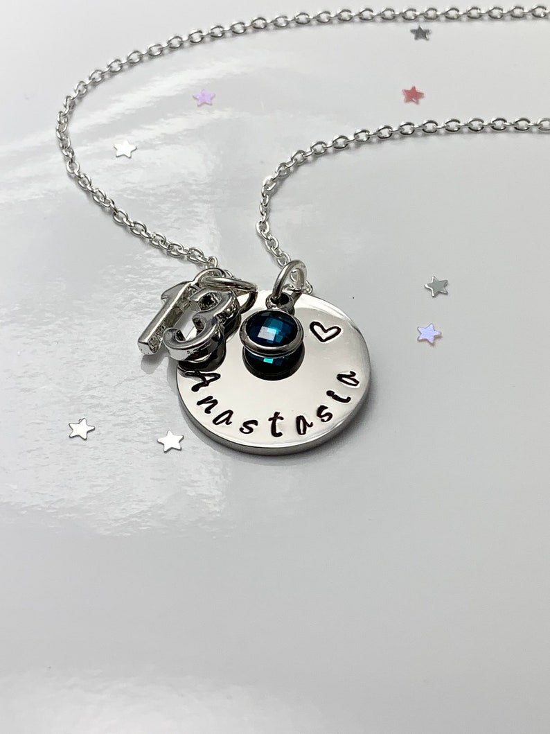 13th Birthday Name Necklace, Birthstone Charm Necklace, Hand Stamped Name Disc. Teenager Milestone Gift Personalised Jewellery UK Seller Bild 3