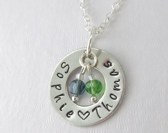 Personalized 2 Name Birthstone Necklace Ideal Mum Grandma Gift Silver plated Chain UK Seller