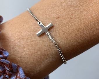 Cross Charm Name Slider Bracelet - Dainty Silver Name Bracelet - Custom Wedding Jewellery - Personalised Christian Gift - Non Tarnish