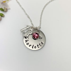 13th Birthday Name Necklace, Birthstone Charm Necklace, Hand Stamped Name Disc. Teenager Milestone Gift Personalised Jewellery UK Seller afbeelding 8