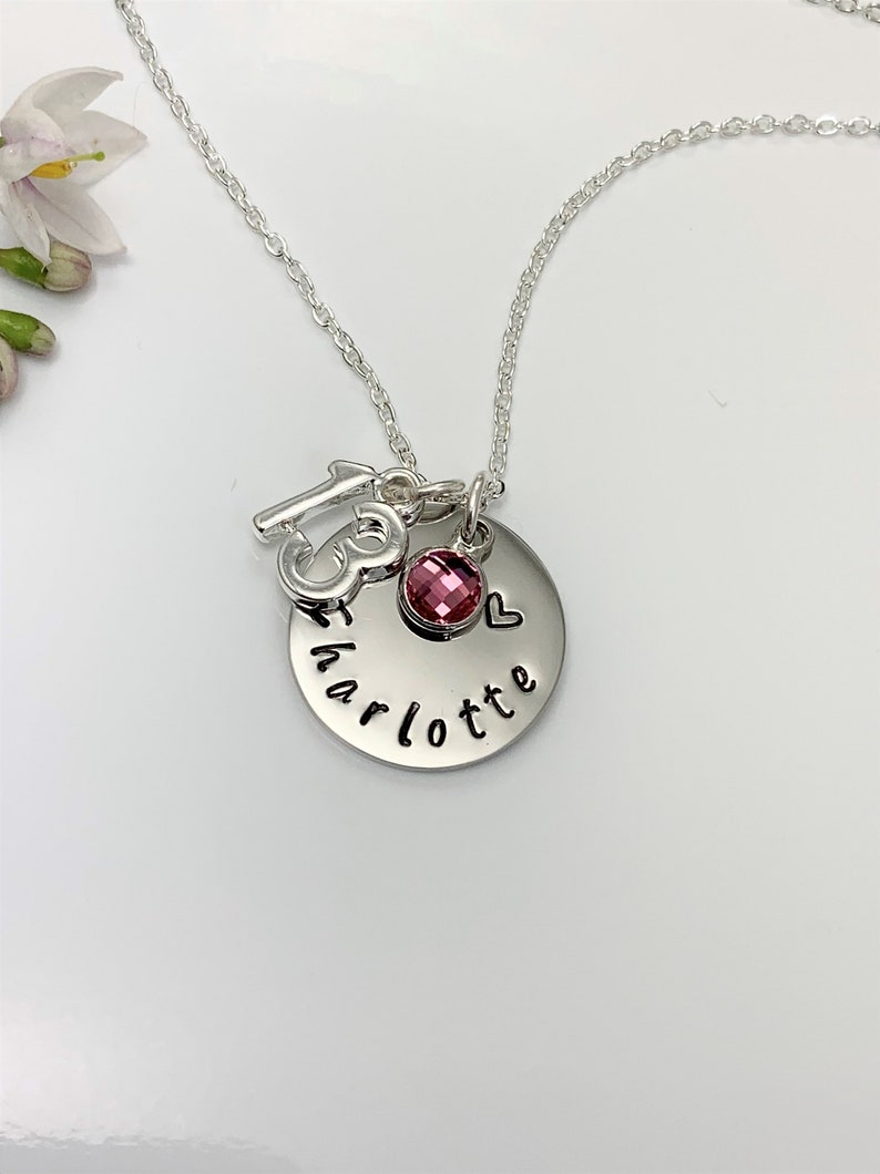 13th Birthday Name Necklace, Birthstone Charm Necklace, Hand Stamped Name Disc. Teenager Milestone Gift Personalised Jewellery UK Seller Bild 8