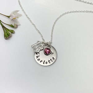 13th Birthday Name Necklace, Birthstone Charm Necklace, Hand Stamped Name Disc. Teenager Milestone Gift Personalised Jewellery UK Seller afbeelding 7