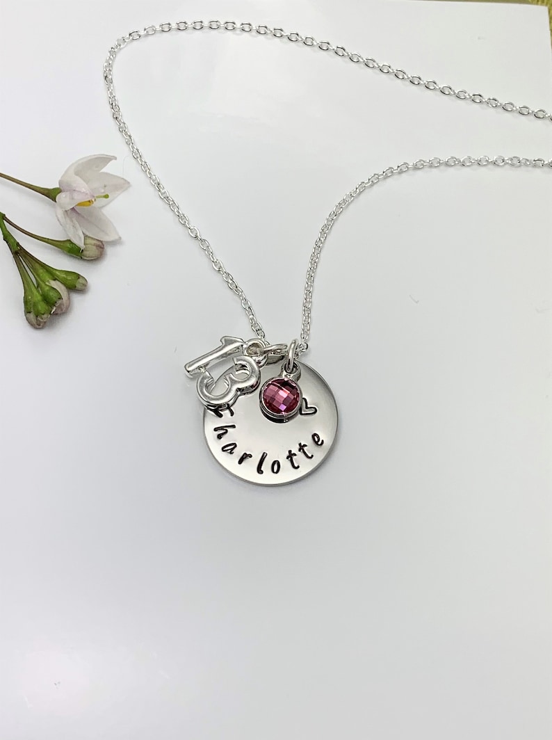 13th Birthday Name Necklace, Birthstone Charm Necklace, Hand Stamped Name Disc. Teenager Milestone Gift Personalised Jewellery UK Seller afbeelding 7