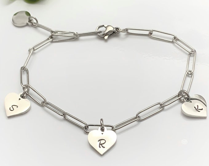 Silver Tone Large Rectangle Chain Heart Initial Bracelet Personalised Family Initials Heart Charm Bracelet Gift Mother's Day Gift UK Seller