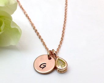 Initial and Birthstone Necklace Cubic Birthstone Necklace, Personalised, Hand Stamped Rose Gold Necklace Personalised Gift UK Seller