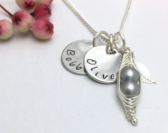 Personalised Jewellery Peas in a Pod Necklace Names Necklace Green or Silver Peas Gift Mother's Day Gift Boxed UK Seller