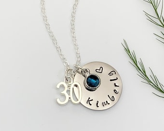 30th Birthday Name and Birthstone Necklace, Hand Stamped Name Disc, Personalised Jewellery Unique to Her, Birthday Keepsake Gift UK Seller