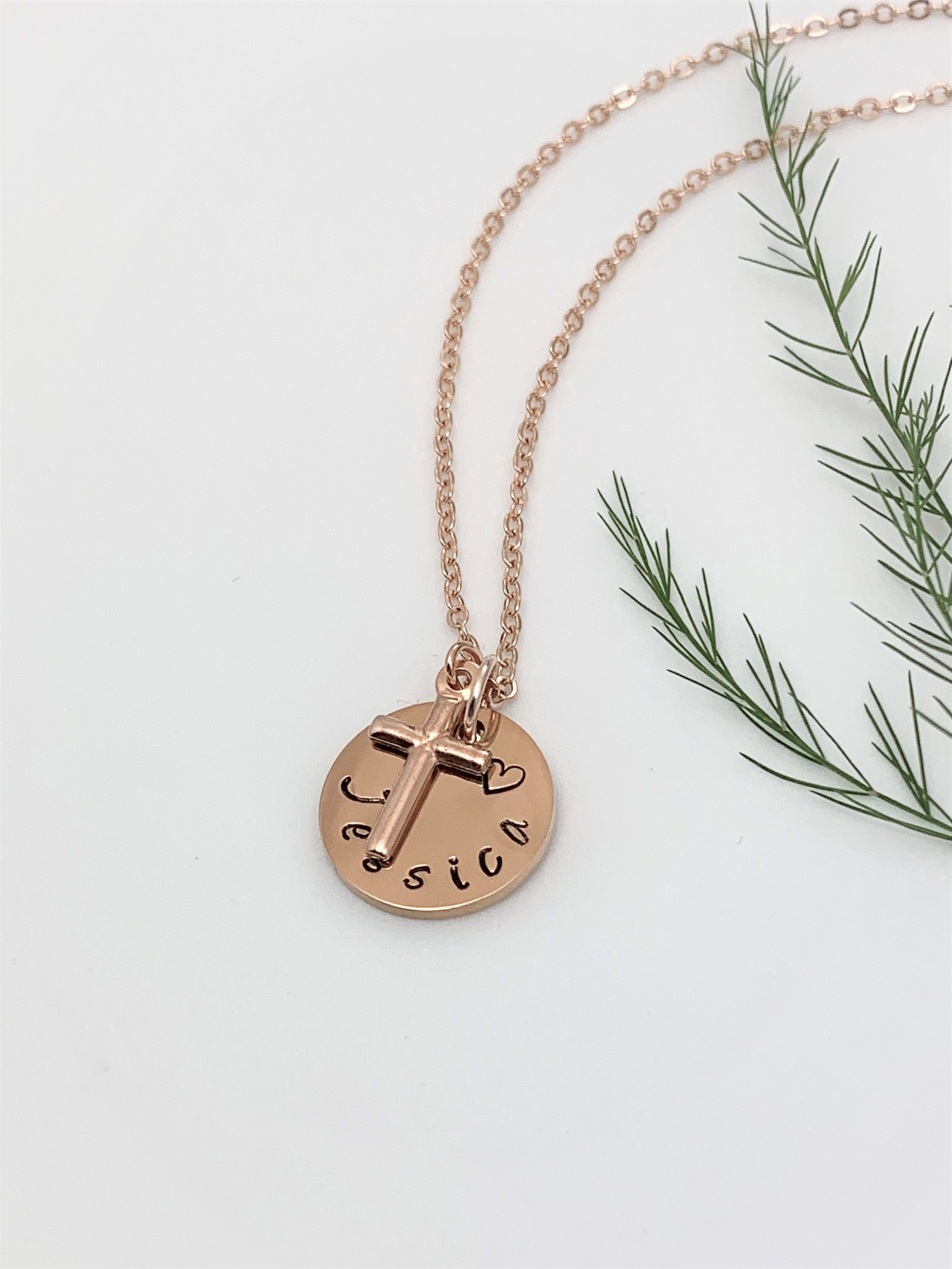 Rose Gold Name Necklace Cross Charm 