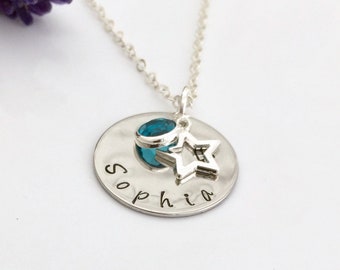 Child's Hand Stamped Name Necklace with Birthstone and Star Charm Personalised Gift UK Seller
