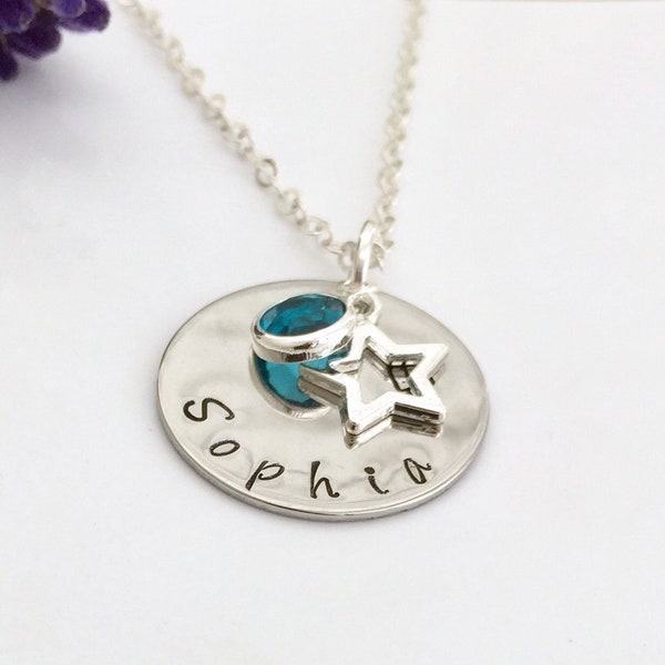 Child's Hand Stamped Name Necklace with Birthstone and Star Charm Personalised Gift UK Seller